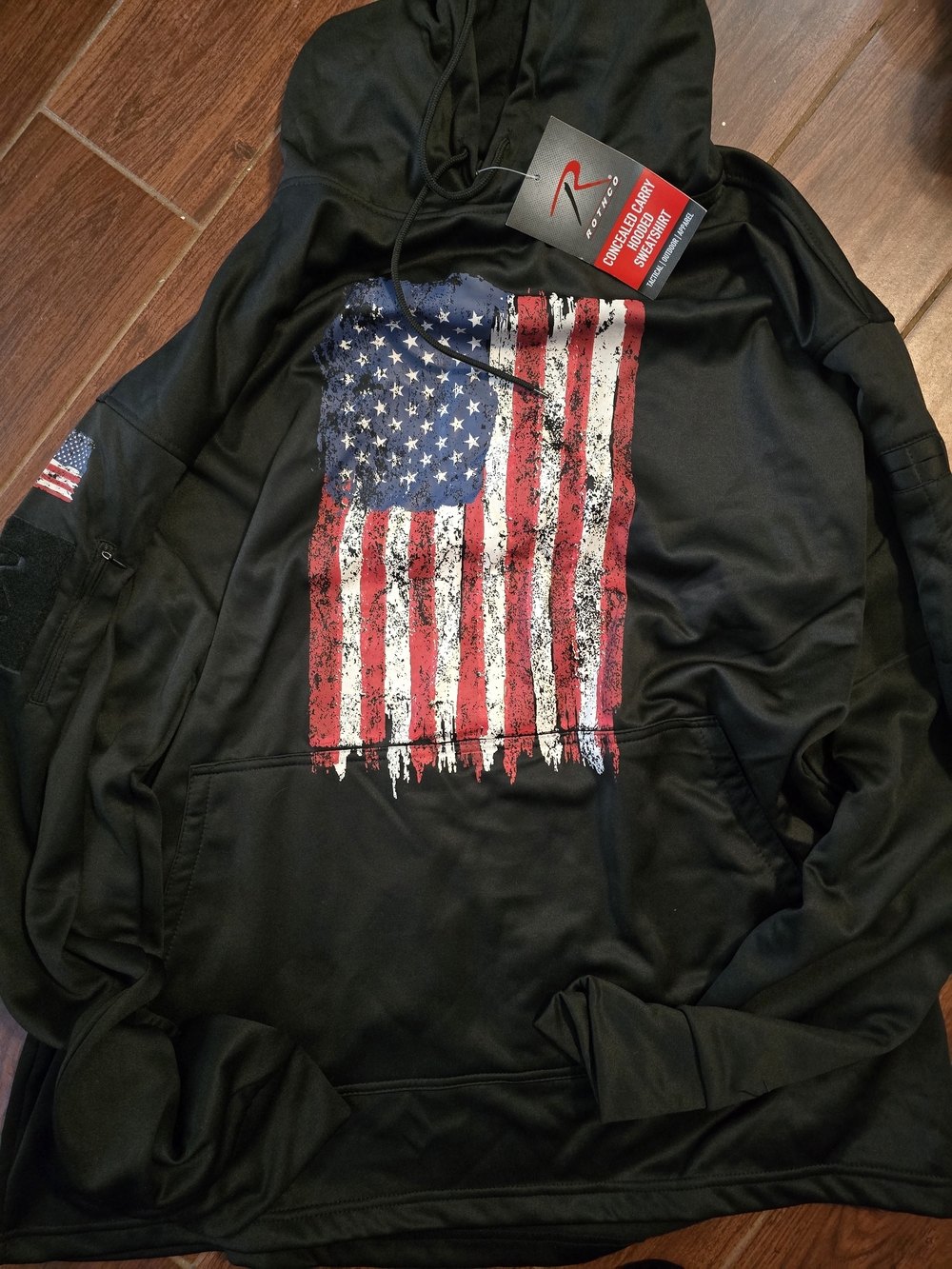 Rotcho Black Concealed Carry Hoodie with Distressed American Flag Print